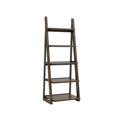 Rustic Brown 5 Tier Ladder Bookshelf Rubberwood Storage Shelf
